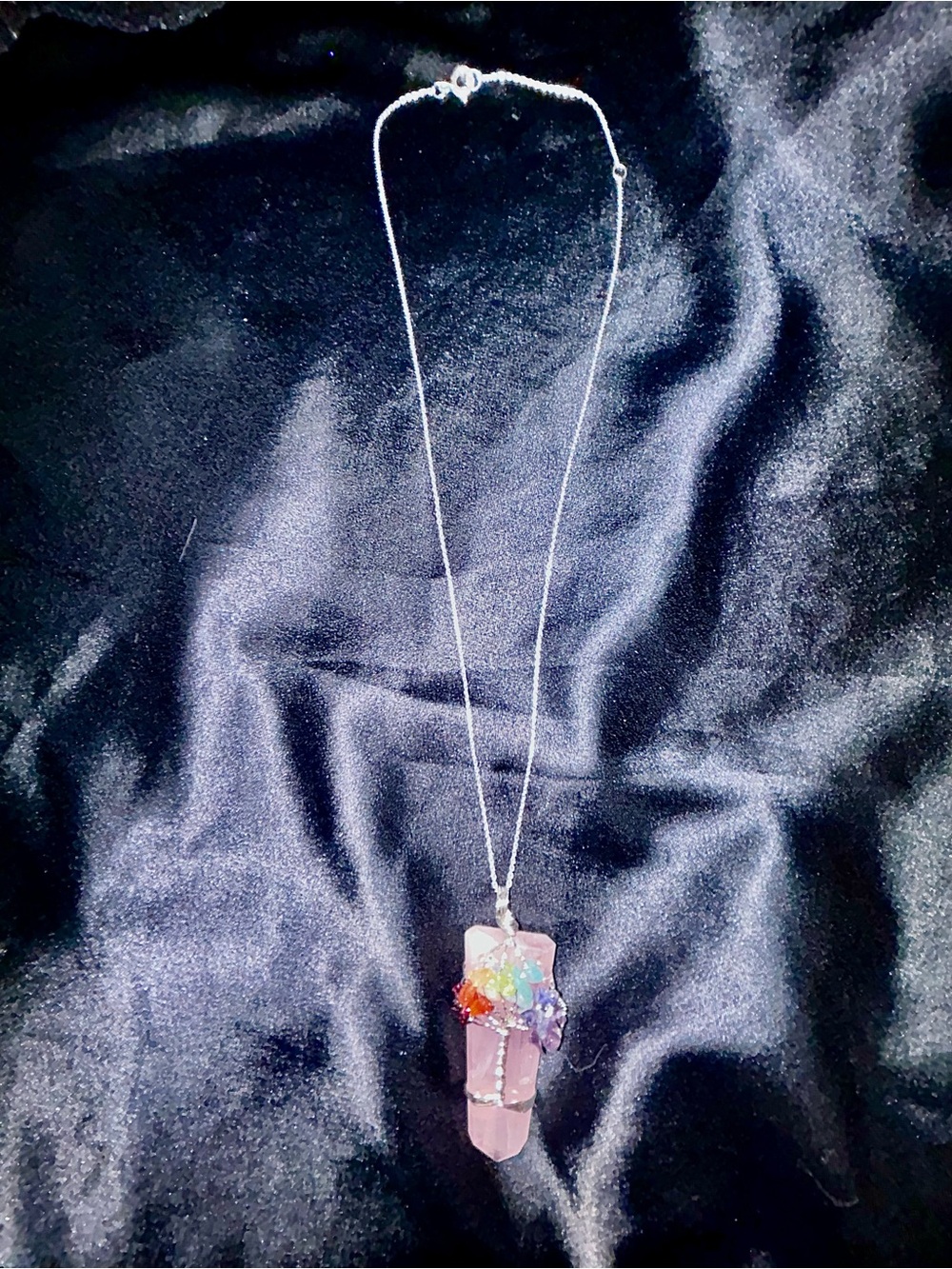 Handmade Pink Quartz Crystal Pendant Necklace with Multicolor Genuine Stones